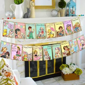 Vintage Easter Banner Easter Decorations Vintage Bunting - 17Pcs Easter Banner Garland Decorations Indoor for Holiday Home Office Party Fireplace Mantle, Easter Party Supplies