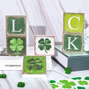 Whaline 6Pcs St. Patrick's Day Wooden Sign Rustic Shamrock Table Ornaments Vintage Lucky Clover Table Centerpieces Irish Holiday Square Shape Table Centerpiece for Home Fireplace Tiered Tray Decor