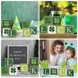 Whaline 6Pcs St. Patrick's Day Wooden Sign Rustic Shamrock Table Ornaments Vintage Lucky Clover Table Centerpieces Irish Holiday Square Shape Table Centerpiece for Home Fireplace Tiered Tray Decor