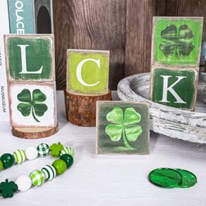 Whaline 6Pcs St. Patrick's Day Wooden Sign Rustic Shamrock Table Ornaments Vintage Lucky Clover Table Centerpieces Irish Holiday Square Shape Table Centerpiece for Home Fireplace Tiered Tray Decor