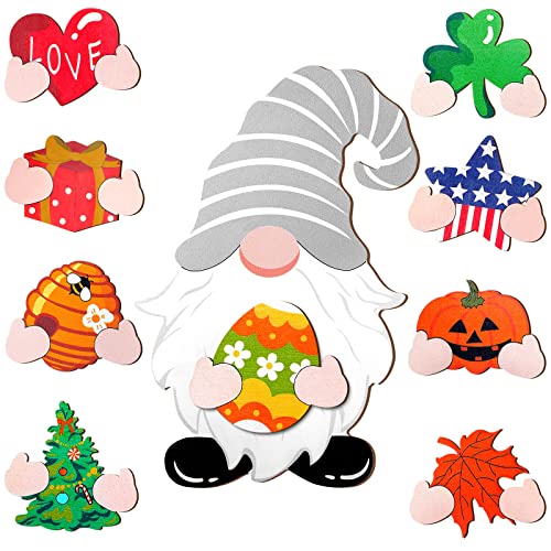 Easter Wooden Gnome Home Decor DIY Wooden Interchangeable Egg Gnome Signs Wood Seasonal Crafts Gnome Wood Cutout for Party Holiday Bedroom Home Decorations (Cute Style)