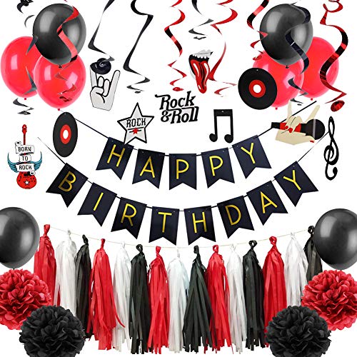 Rock and Roll Themed Birthday Party Decoration Rock Star Foil Swirl Happy Birthday Banner Tassel Paper Garlands Tissue Pom Poms Decor 40pcs Easy Joy