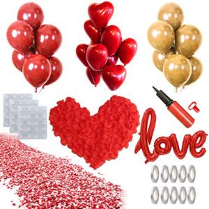 50PCS Love Balloons and Heart Balloons Kit&2000 PCS Silk Rose Petals 42Inch I Love You Balloon Gold Balloons Romantic Decoration Kit Double-Layer Easy to Use for Valentine Day Party Decorations