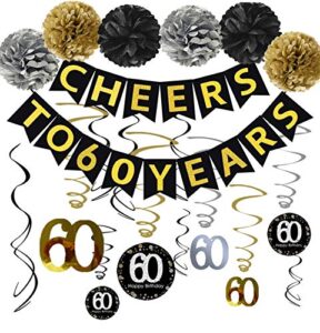 60th birthday party decorations kit – cheers to 60 years banner, sparkling celebration 60 hanging swirls, poms, perfect 60 years old party supplies 60th birthday decorations