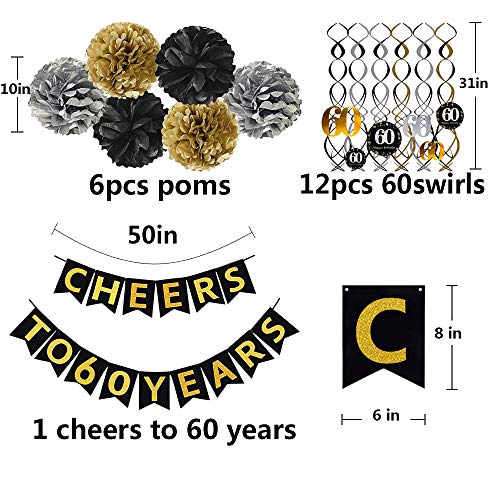 60th Birthday Party Decorations KIT - Cheers to 60 Years Banner, Sparkling Celebration 60 Hanging Swirls, Poms, Perfect 60 Years Old Party Supplies 60th Birthday Decorations