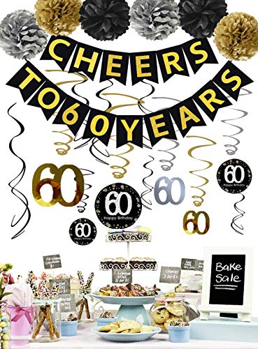 60th Birthday Party Decorations KIT - Cheers to 60 Years Banner, Sparkling Celebration 60 Hanging Swirls, Poms, Perfect 60 Years Old Party Supplies 60th Birthday Decorations