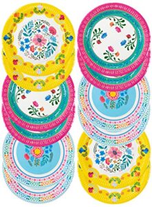 talking tables 12 pack 9” boho colorful floral paper plates disposable tableware | festival themed bohemian décor partyware, summer picnic, kids birthday encanto party, pink blue yellow