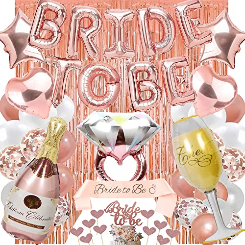 Rose Gold Bachelorette Party Supplies Naughty, Bride to Be Balloons, Ring, Champagne Bottle，Goblet Balloons Foil Curtain Sash Cake Topper for Bridal Shower Favors Decoration Kit