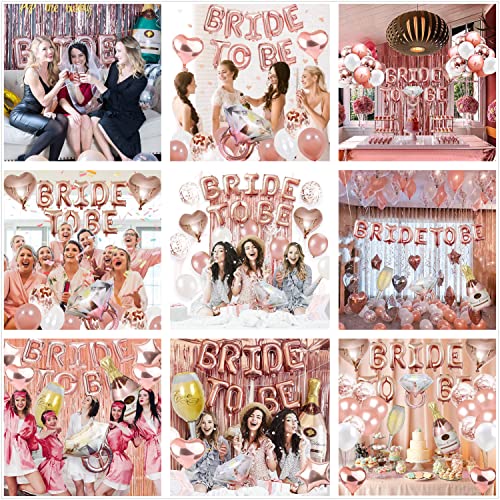 Rose Gold Bachelorette Party Supplies Naughty, Bride to Be Balloons, Ring, Champagne Bottle，Goblet Balloons Foil Curtain Sash Cake Topper for Bridal Shower Favors Decoration Kit