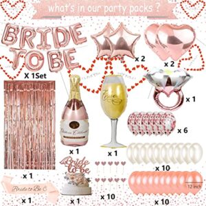 Rose Gold Bachelorette Party Supplies Naughty, Bride to Be Balloons, Ring, Champagne Bottle，Goblet Balloons Foil Curtain Sash Cake Topper for Bridal Shower Favors Decoration Kit