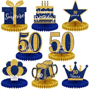 spakon 8 pieces 50th birthday decorations glitter 50th happy birthday honeycomb centerpieces for tables fifty years blue and gold party decorations men and woman birthday decorations