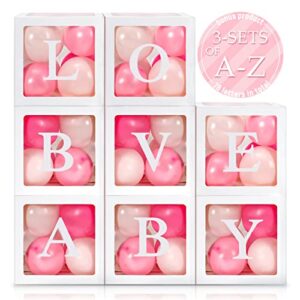 geyee 8 pieces balloon box decoration, transparent block with 78 letters/ 3-sets of a-z for bride shower, baby shower, diy name boxes, wedding supplies, birthday decoration boxes (white)