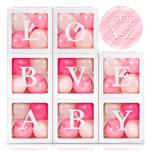 Geyee 8 Pieces Balloon Box Decoration, Transparent Block with 78 Letters/ 3-Sets of A-Z for Bride Shower, Baby Shower, DIY Name Boxes, Wedding Supplies, Birthday Decoration Boxes (White)