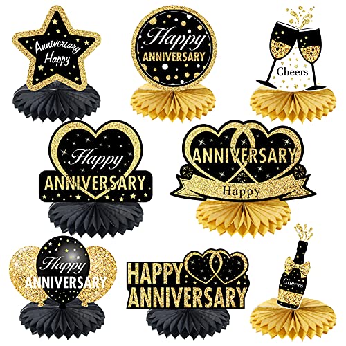 Happy Wedding Anniversary Decorations Table Honeycomb Centerpiece, 8pcs Anniversary Theme Party Supplies for Adult, 10th 25th 30th 40th 50th 60th Anniversary Table Decor Sign