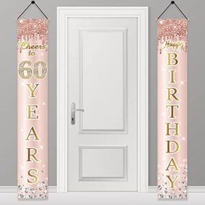 60th birthday decorations door banner for women, pink rose gold cheers to 60 years birthday backdrop sign party supplies, happy sixty birthday porch decor for outdoor indoor