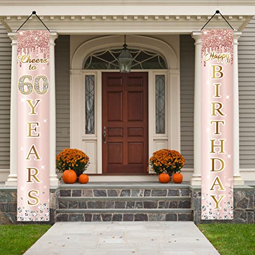 60th Birthday Decorations Door Banner for Women, Pink Rose Gold Cheers to 60 Years Birthday Backdrop Sign Party Supplies, Happy Sixty Birthday Porch Decor for Outdoor Indoor