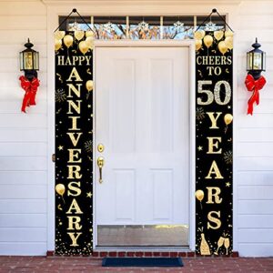 happy 50th anniversary door banner decorations, 50 wedding anniversary cheers to 50 years party supplies, black gold fifty anniversary welcome door décor sign