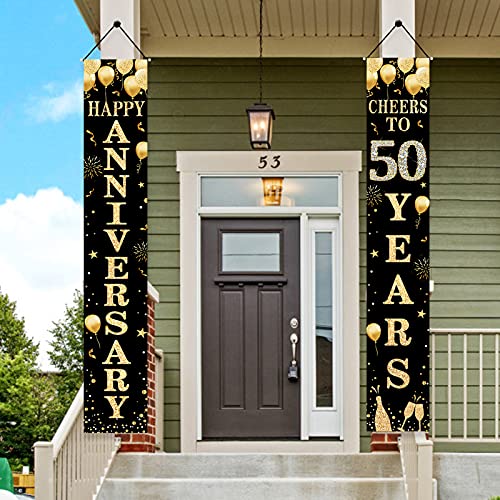 Happy 50th Anniversary Door Banner Decorations, 50 Wedding Anniversary Cheers to 50 Years Party Supplies, Black Gold Fifty Anniversary Welcome Door Décor Sign