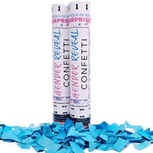 Gender Reveal Surprise Confetti Cannons, Set of 2, Blue for Baby Boy, 12 Inch, Biodegradable Confetti, Smoke-Free and Safe