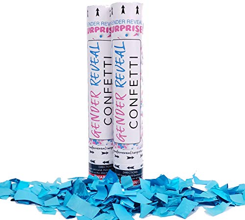 Gender Reveal Surprise Confetti Cannons, Set of 2, Blue for Baby Boy, 12 Inch, Biodegradable Confetti, Smoke-Free and Safe