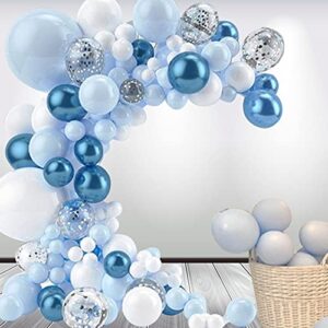 blue balloon garland arch kit, 109 pcs macaron blue confetti & metallic white silver balloons for baby shower boy’s birthday party wedding graduation decoration supplies