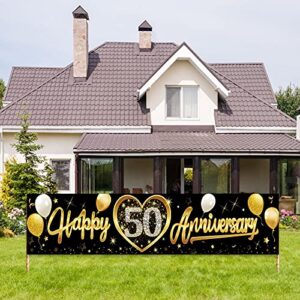 happy 50th wedding anniversary banner decorations, black gold 50th anniversary sign party supplies, 50th wedding anniversary decor photo booth for outdoor indoor