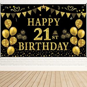 trgowaul 21st birthday decorations for her him, men women black gold 21st birthday backdrop banner, 21 years old party supplies photography background girls boys