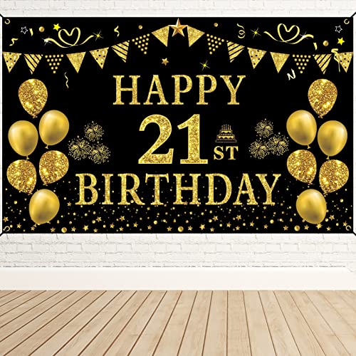 Trgowaul 21st Birthday Decorations for her him, Men Women Black Gold 21st Birthday Backdrop Banner, 21 Years Old Party Supplies Photography Background Girls Boys