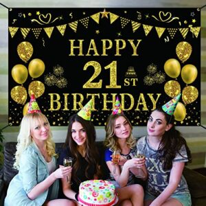 Trgowaul 21st Birthday Decorations for her him, Men Women Black Gold 21st Birthday Backdrop Banner, 21 Years Old Party Supplies Photography Background Girls Boys