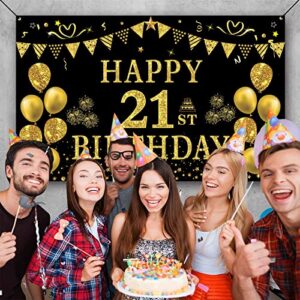 Trgowaul 21st Birthday Decorations for her him, Men Women Black Gold 21st Birthday Backdrop Banner, 21 Years Old Party Supplies Photography Background Girls Boys