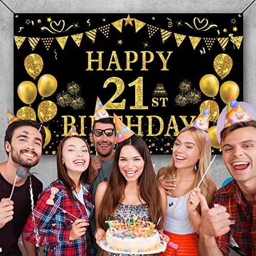 Trgowaul 21st Birthday Decorations for her him, Men Women Black Gold 21st Birthday Backdrop Banner, 21 Years Old Party Supplies Photography Background Girls Boys