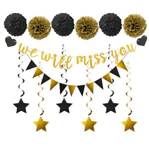 farewell party decorations supplies kit – 14pcs – we will miss you banner, triangle flag, 6pcs star swirl, 6pcs pom – great for retirement farewell going away job change party decorations(black gold)