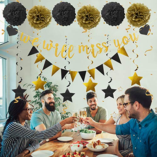 Farewell Party Decorations Supplies Kit - 14Pcs - We Will Miss You Banner, Triangle Flag, 6Pcs Star Swirl, 6Pcs Pom - Great for Retirement Farewell Going Away Job Change Party Decorations(Black Gold)