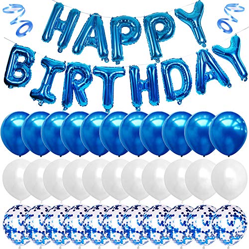 Blue Happy Birthday Balloon Banner White And Blue Confetti Balloons for Boy Birthday Party Decorations