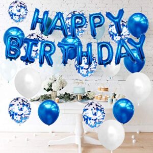 Blue Happy Birthday Balloon Banner White And Blue Confetti Balloons for Boy Birthday Party Decorations