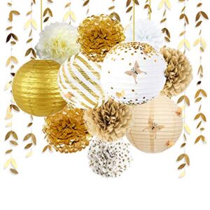 white and gold party decoration kit lanterns flowers pom pom with gold 3d butterfly stickers and leaf garland streamers for birthday engagement wedding bridal shower bachelorette party decor supplies