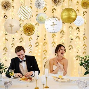 White and Gold Party Decoration Kit Lanterns Flowers Pom Pom with Gold 3D Butterfly Stickers and Leaf Garland Streamers for Birthday Engagement Wedding Bridal Shower Bachelorette Party Decor Supplies