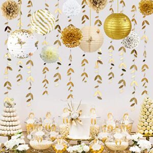 White and Gold Party Decoration Kit Lanterns Flowers Pom Pom with Gold 3D Butterfly Stickers and Leaf Garland Streamers for Birthday Engagement Wedding Bridal Shower Bachelorette Party Decor Supplies