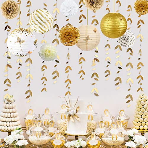 White and Gold Party Decoration Kit Lanterns Flowers Pom Pom with Gold 3D Butterfly Stickers and Leaf Garland Streamers for Birthday Engagement Wedding Bridal Shower Bachelorette Party Decor Supplies