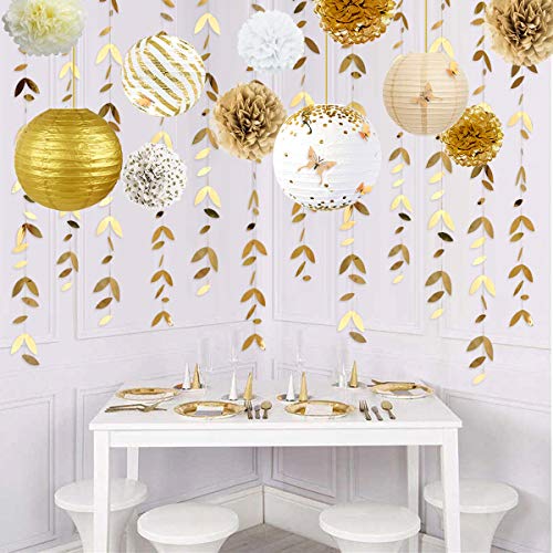 White and Gold Party Decoration Kit Lanterns Flowers Pom Pom with Gold 3D Butterfly Stickers and Leaf Garland Streamers for Birthday Engagement Wedding Bridal Shower Bachelorette Party Decor Supplies