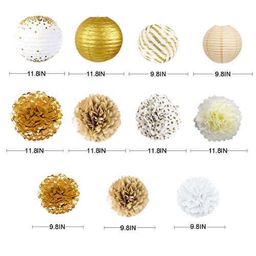 White and Gold Party Decoration Kit Lanterns Flowers Pom Pom with Gold 3D Butterfly Stickers and Leaf Garland Streamers for Birthday Engagement Wedding Bridal Shower Bachelorette Party Decor Supplies