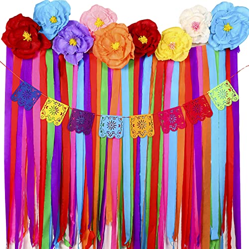 16 Pieces Mexican Paper Flowers Mexico Fiesta Party Decorations Streamer Backdrop and Papel Picado Banner Mexican Party Decorations Supplies Set for Cinco De Mayo Party Taco Party Birthday