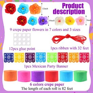 16 Pieces Mexican Paper Flowers Mexico Fiesta Party Decorations Streamer Backdrop and Papel Picado Banner Mexican Party Decorations Supplies Set for Cinco De Mayo Party Taco Party Birthday