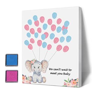 baby shower guest book fingerprint tree canvas, a baby shower guest book, finger print guest book, gender reveal decoration elephant theme