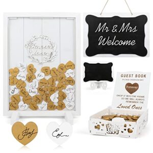 yeghujar wedding guest book alternative, 80pcs gold & white wooden hearts for guest book, pen sign drop wooden frame and blackboard, rustic guest book alternative wedding signs reception decorations