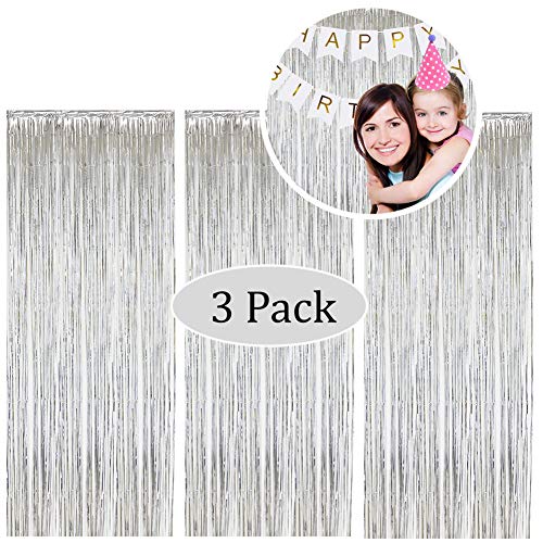 Moohome 3 Pack Silver Foil Fringe Curtain, Fringe Backdrop Curtains for Birthday Wedding Engagement Bridal Shower Bachelorette Party Decorations