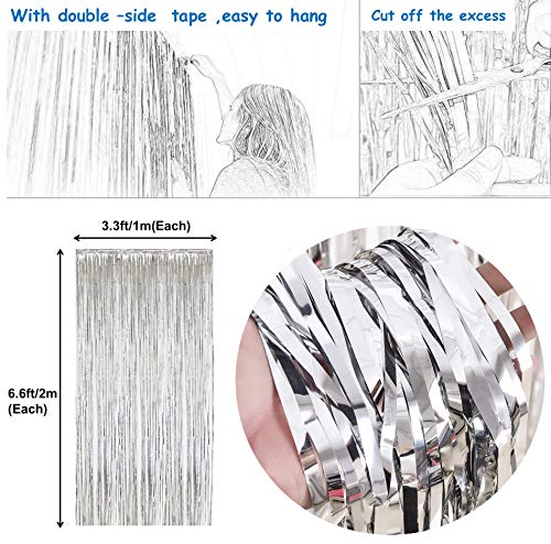 Moohome 3 Pack Silver Foil Fringe Curtain, Fringe Backdrop Curtains for Birthday Wedding Engagement Bridal Shower Bachelorette Party Decorations