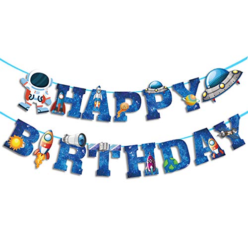 LINGAIXINYUE, Space Ship Astronaut Happy Birthday Banner Boys Birthday Party Banner Decoration Blue