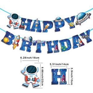 LINGAIXINYUE, Space Ship Astronaut Happy Birthday Banner Boys Birthday Party Banner Decoration Blue