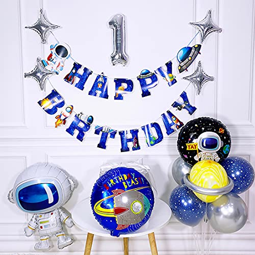 LINGAIXINYUE, Space Ship Astronaut Happy Birthday Banner Boys Birthday Party Banner Decoration Blue